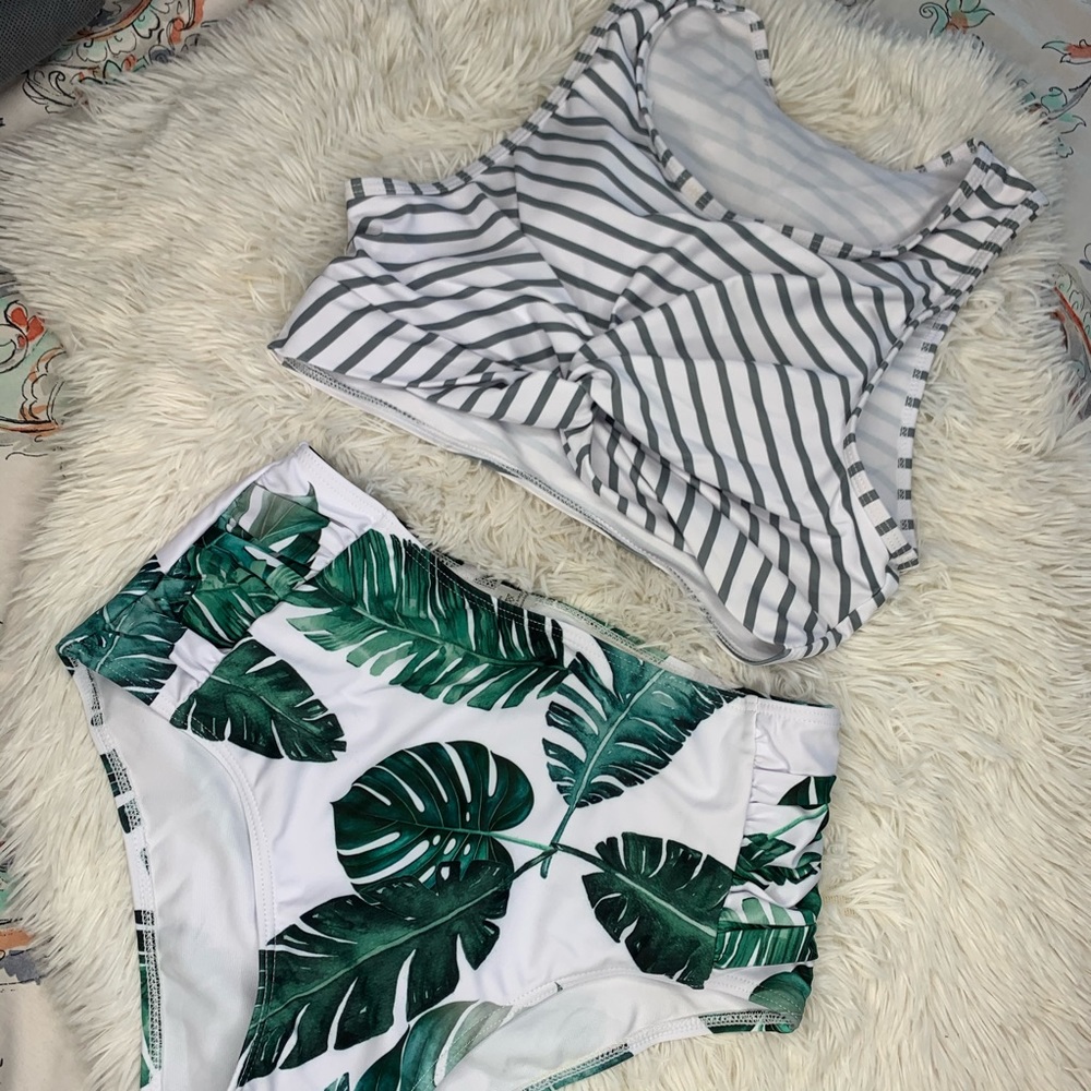 Palm leaf and stripped high waist swimsuit